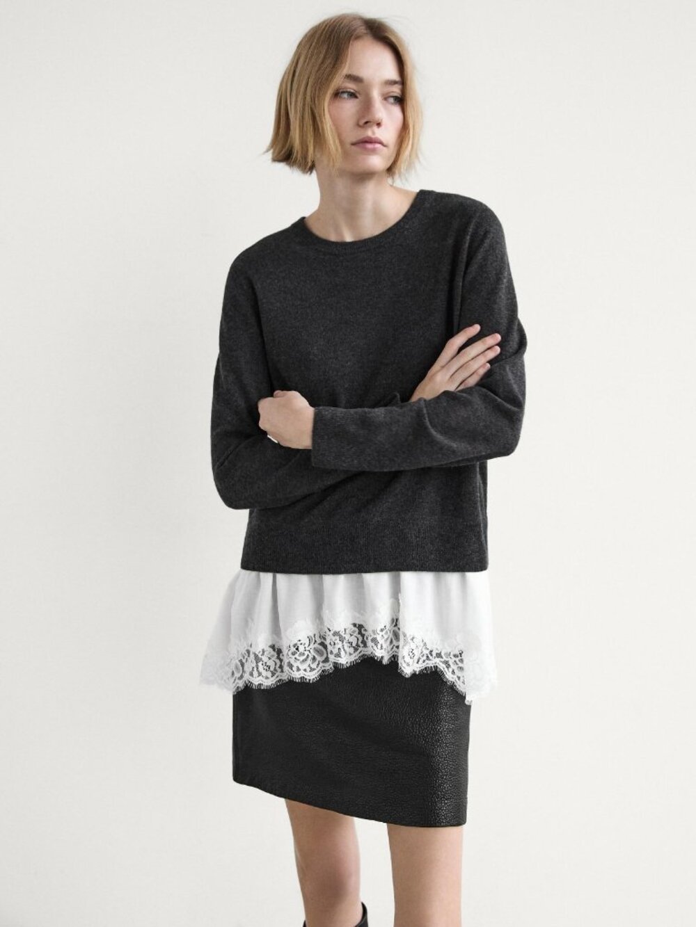 Massimo Dutti Womens Sweater Medium Charcoal Wool Lace Trim Layered 5611/606 NWT